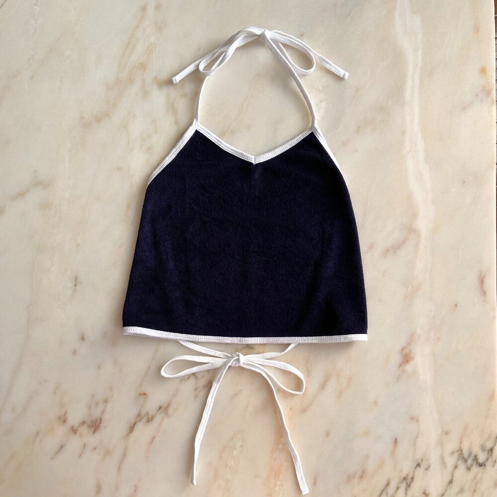 AMERICAN APPAREL NAVY TERRY CLOTH WHITE TRIM HALTER TOP LARGE